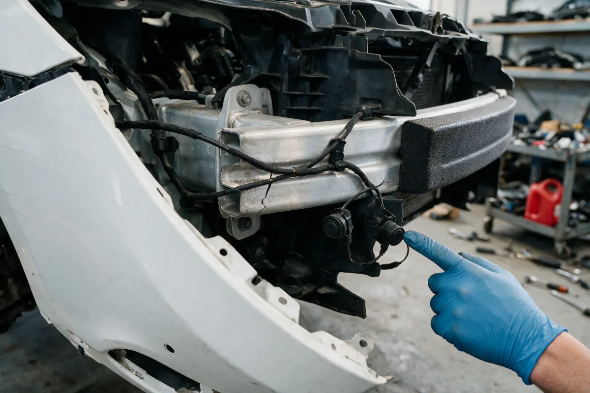 Bumper removed from a car to reveal the crash bar and impact absorbers underneath
