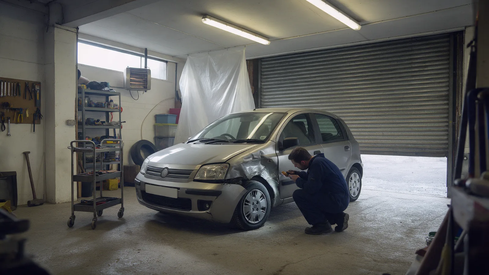 Front wing and bumper of a damaged car being assessed in the Cardiff Accident Repair workshop