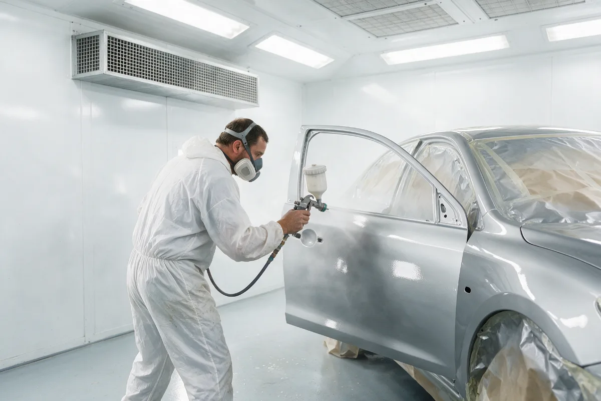 Car panel being refinished inside the spray booth at the Rumney workshop
