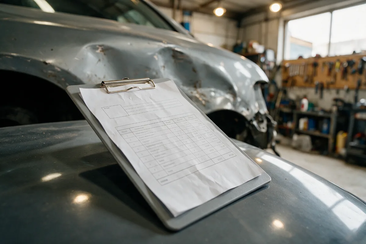 Technician pointing at a line on a printed itemised car repair quote on a clipboard