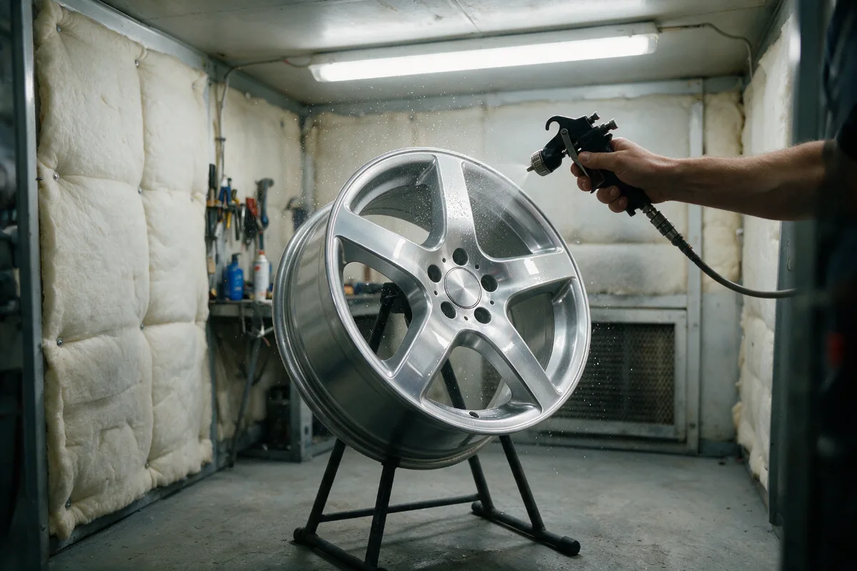 Refurbished alloy wheel being lacquered after repair