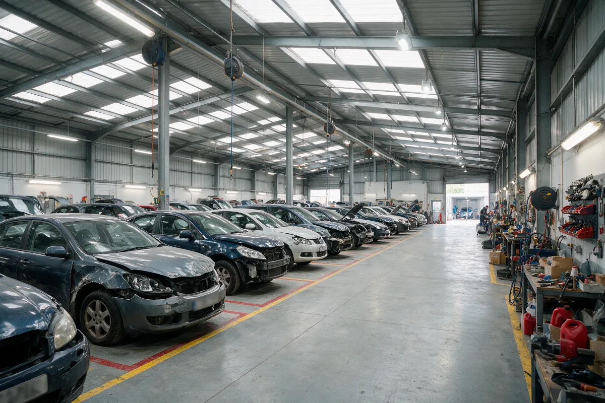 Row of cars waiting for repair at a large body shop hub