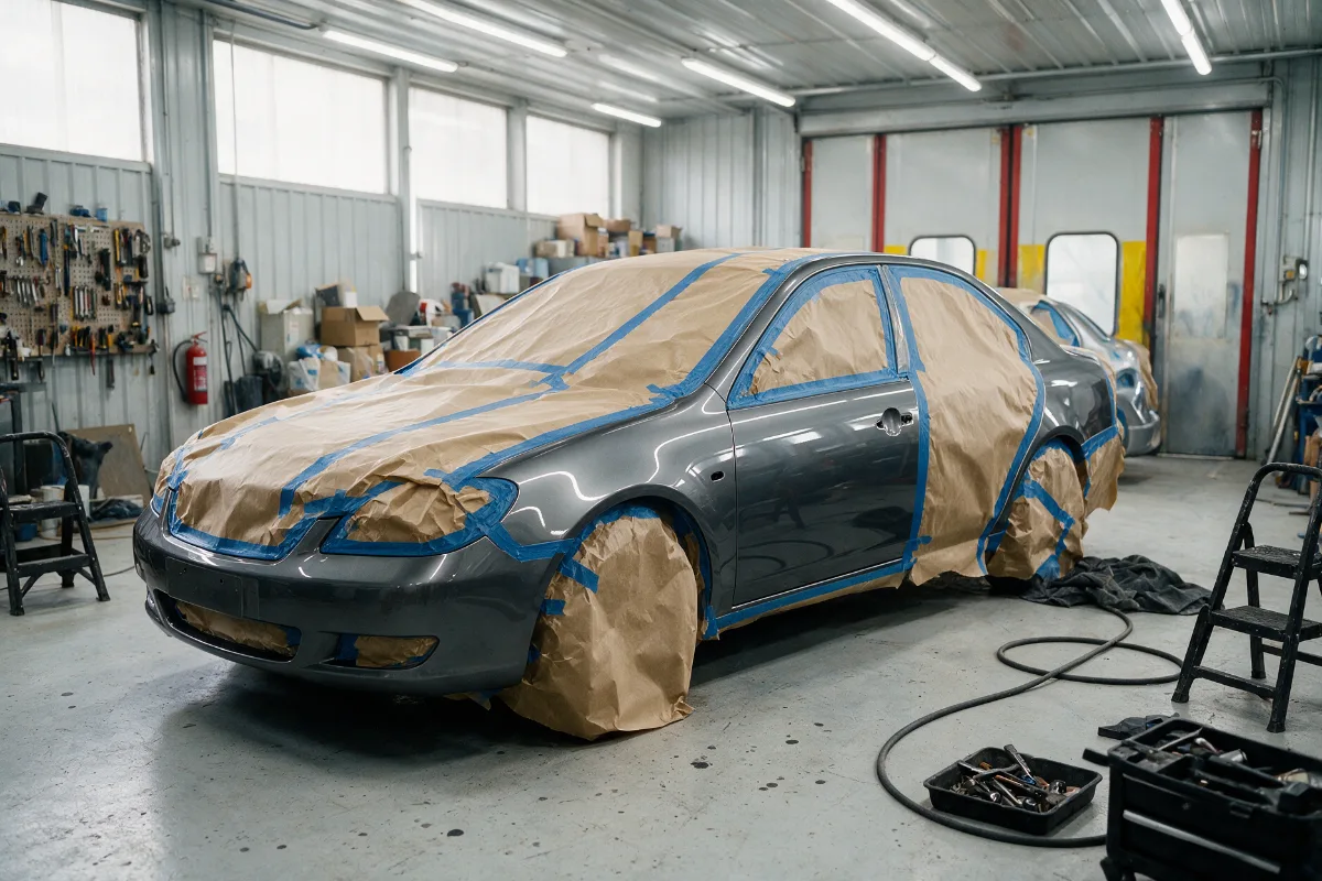 Car masked with paper and tape ready to go into the spray booth