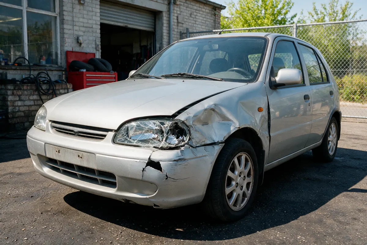 Car with damaged front wing bumper and headlight but no structural damage