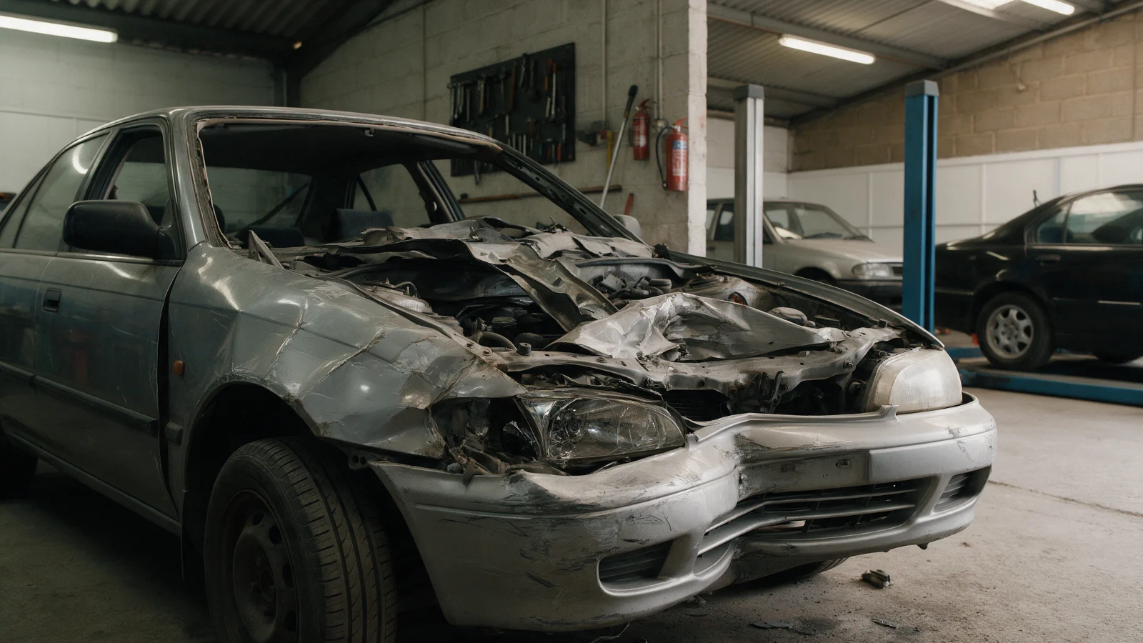 Car with front end collision damage exposing a bent structural rail in a workshop