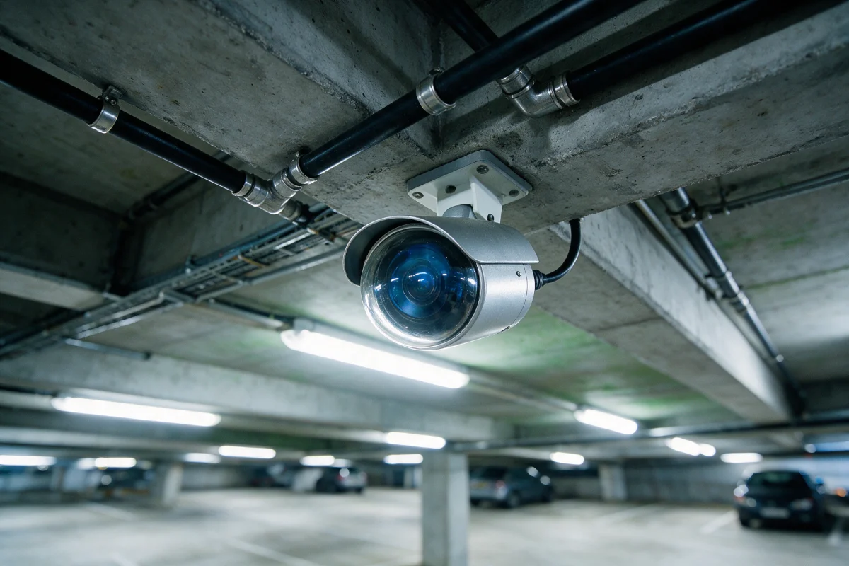 CCTV camera mounted above a multi-storey car park parking bay