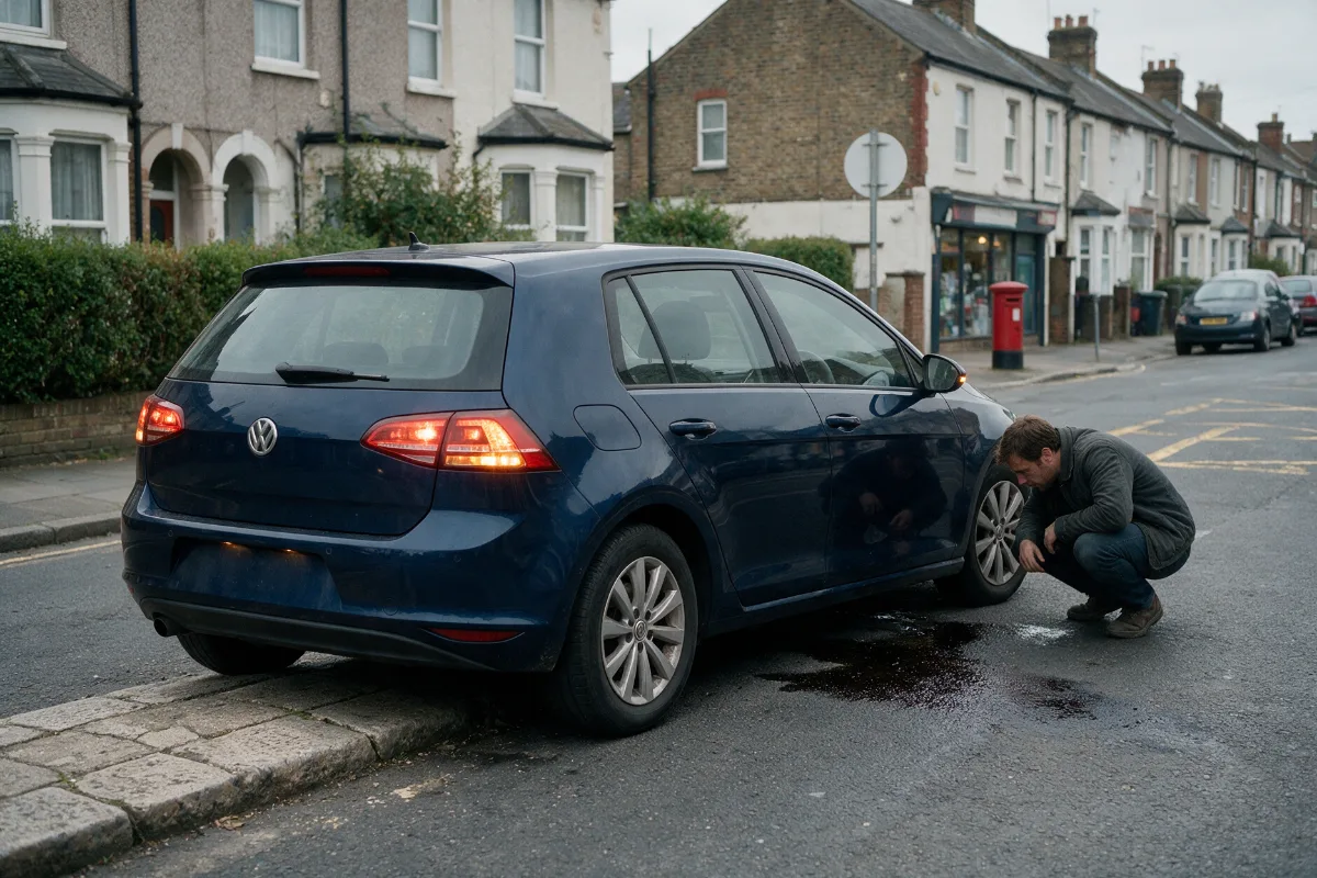 Driver crouching to check under the front of a car for damage after a collision