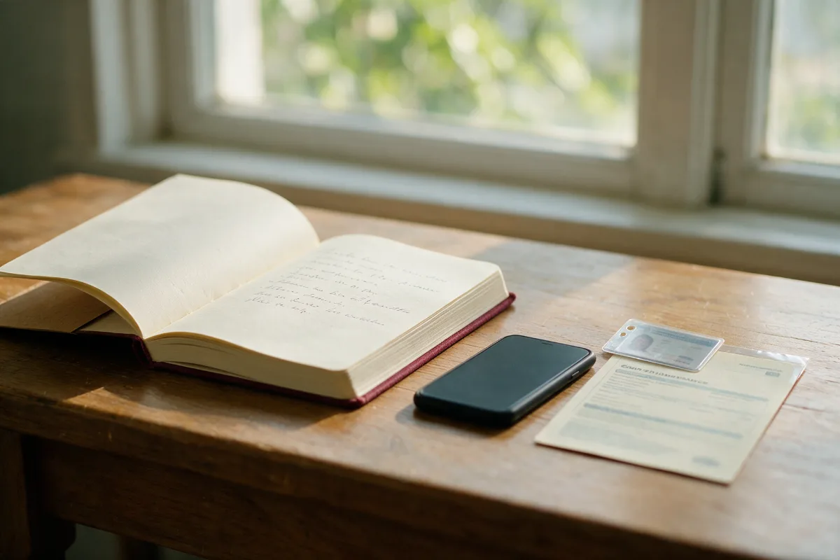 Notebook with claim number and handler name written down next to a phone and insurance paperwork