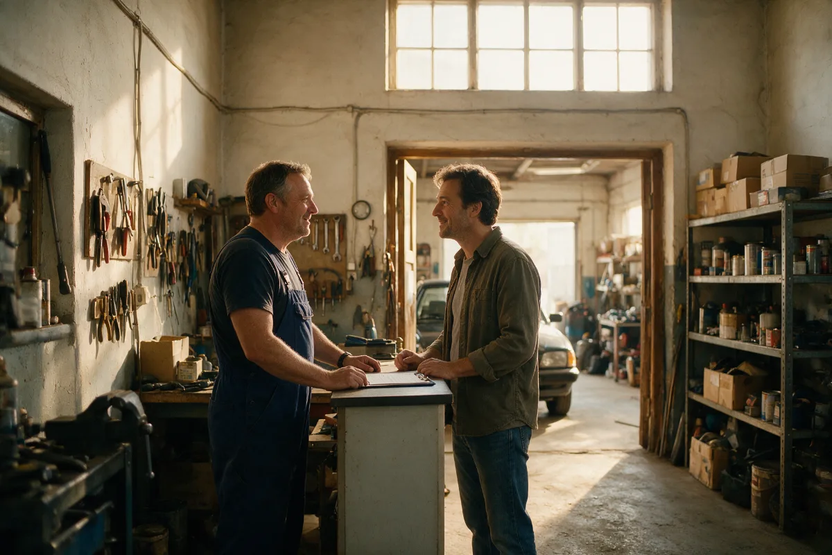 Owner handing car keys across the workshop counter to a customer