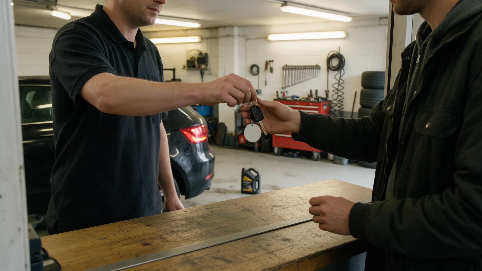 Courtesy car keys being handed across a workshop counter to a customer