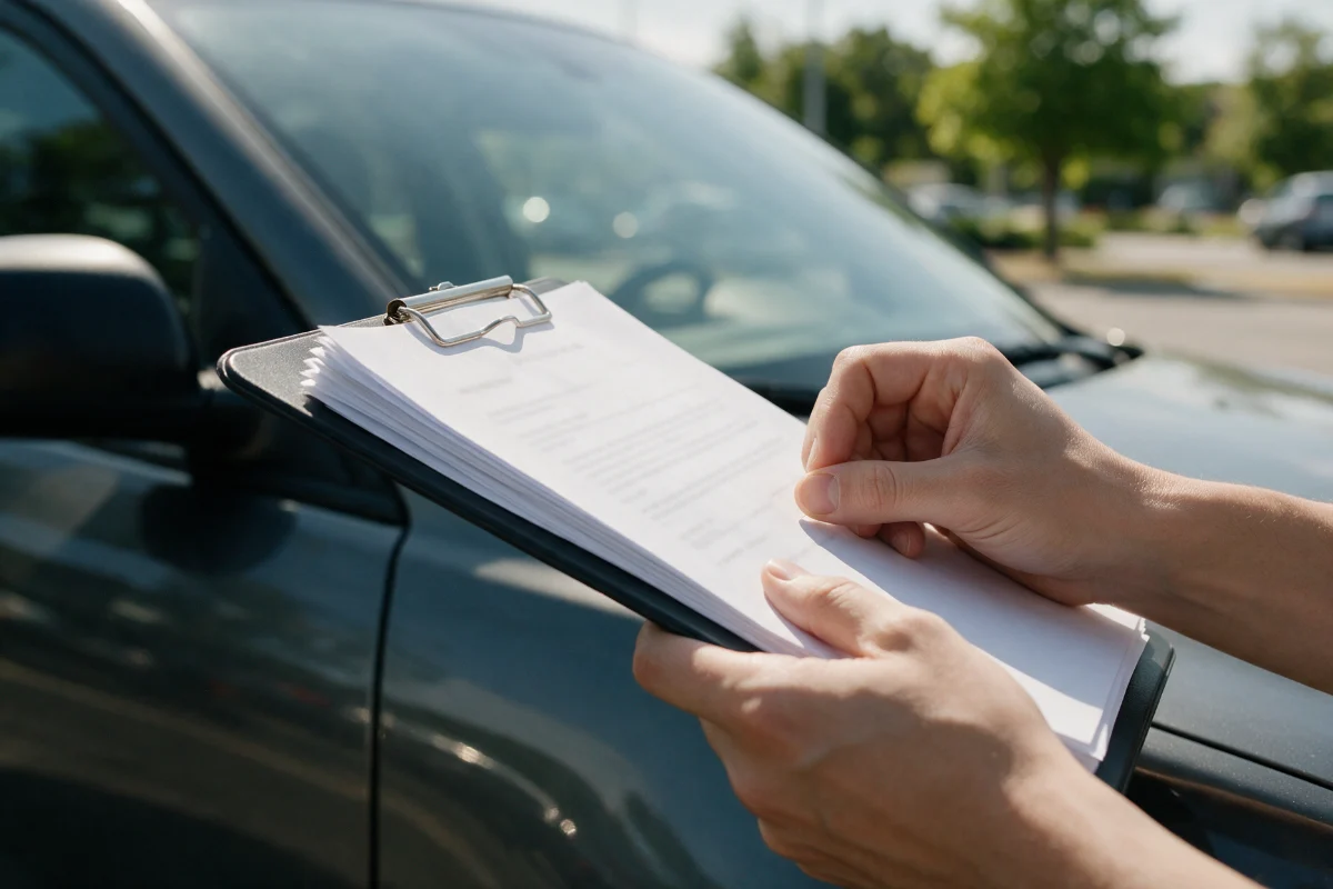 Driver signing a credit hire agreement on a clipboard beside a replacement car