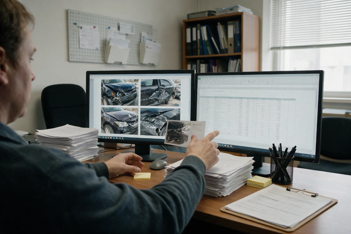 Insurance engineer reviewing damage photographs and a repair estimate on a computer screen