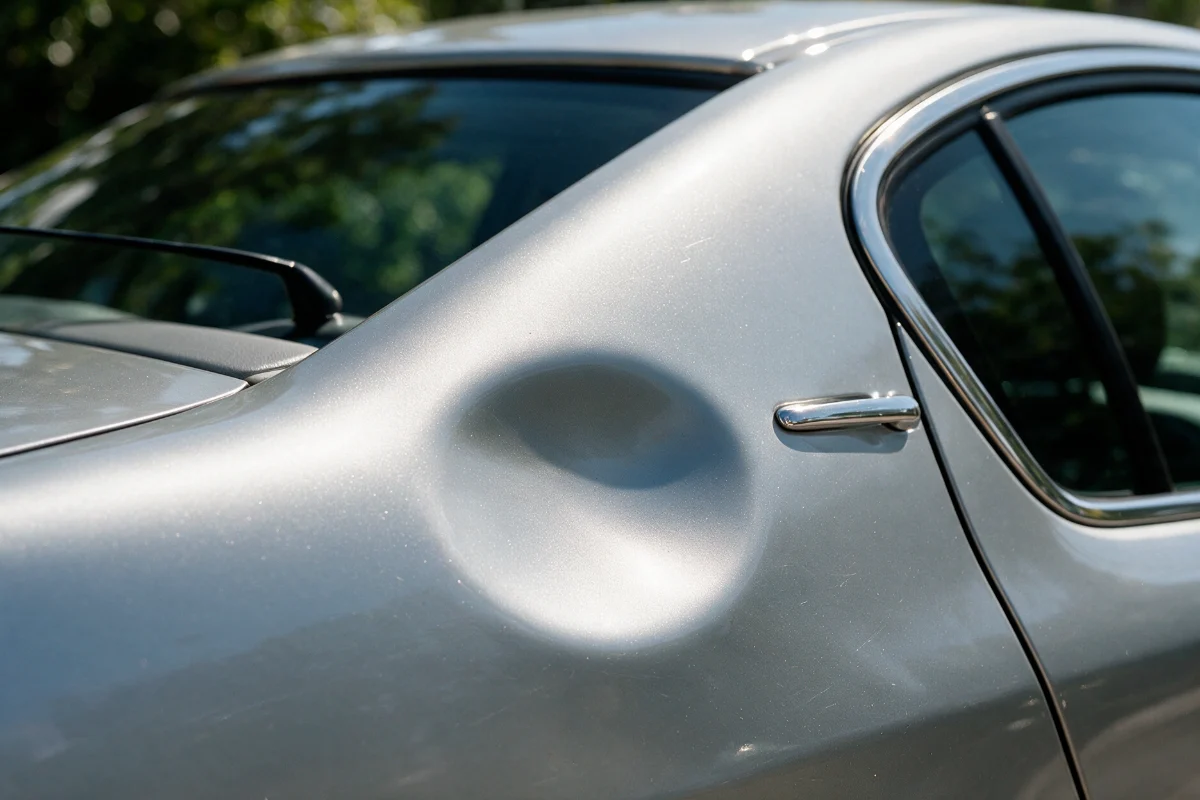 Close view of a shallow door ding on a car panel with the paint unbroken