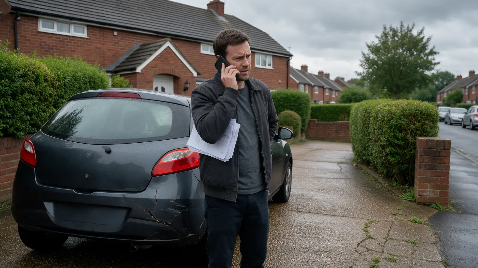 Driver holding a phone and insurance documents beside a car with a damaged rear panel