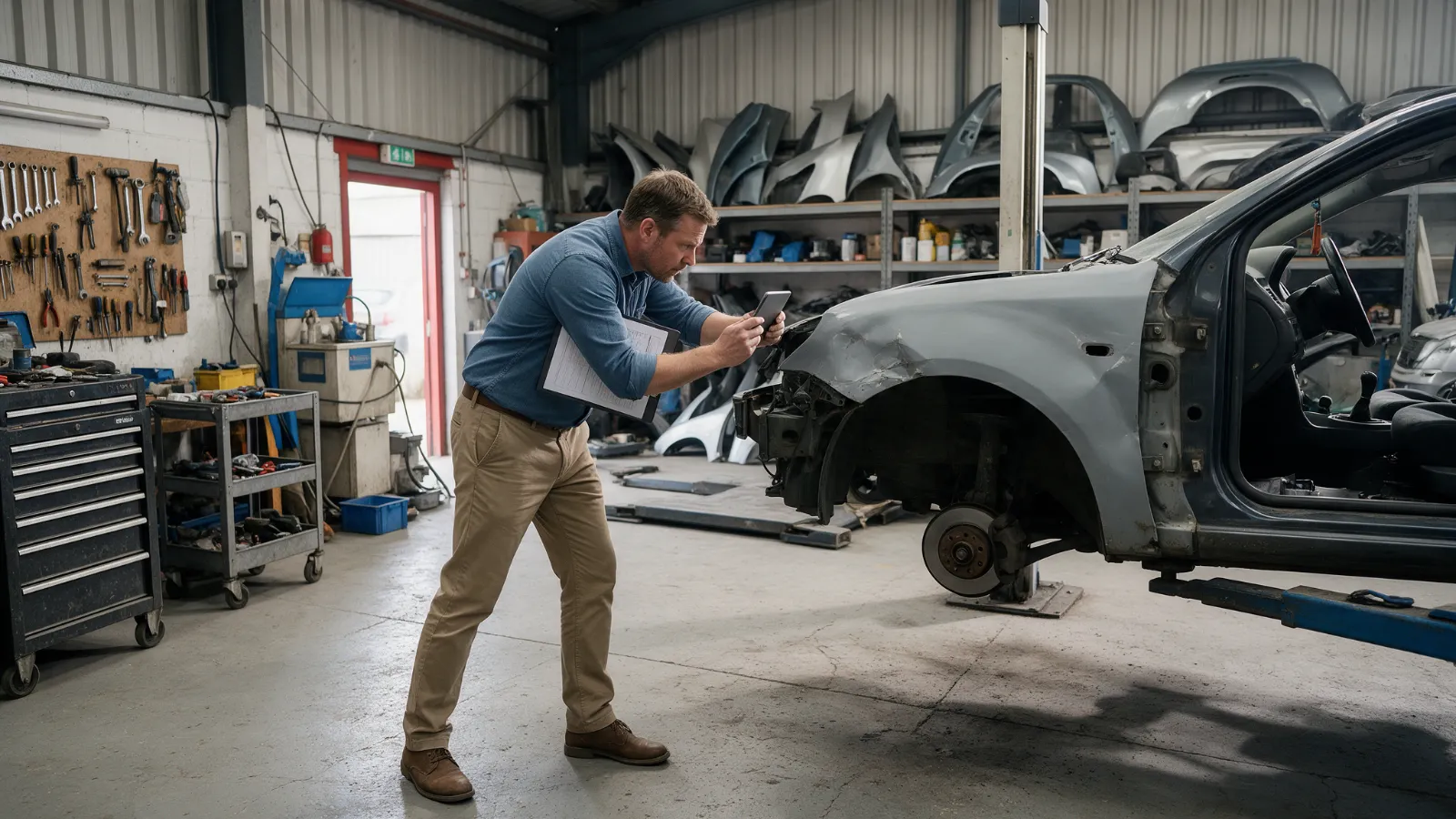 Insurance engineer photographing a damaged car wing with a tablet in a repair workshop
