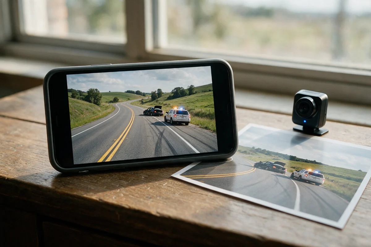Dashcam footage being saved to a phone alongside photographs of an accident scene