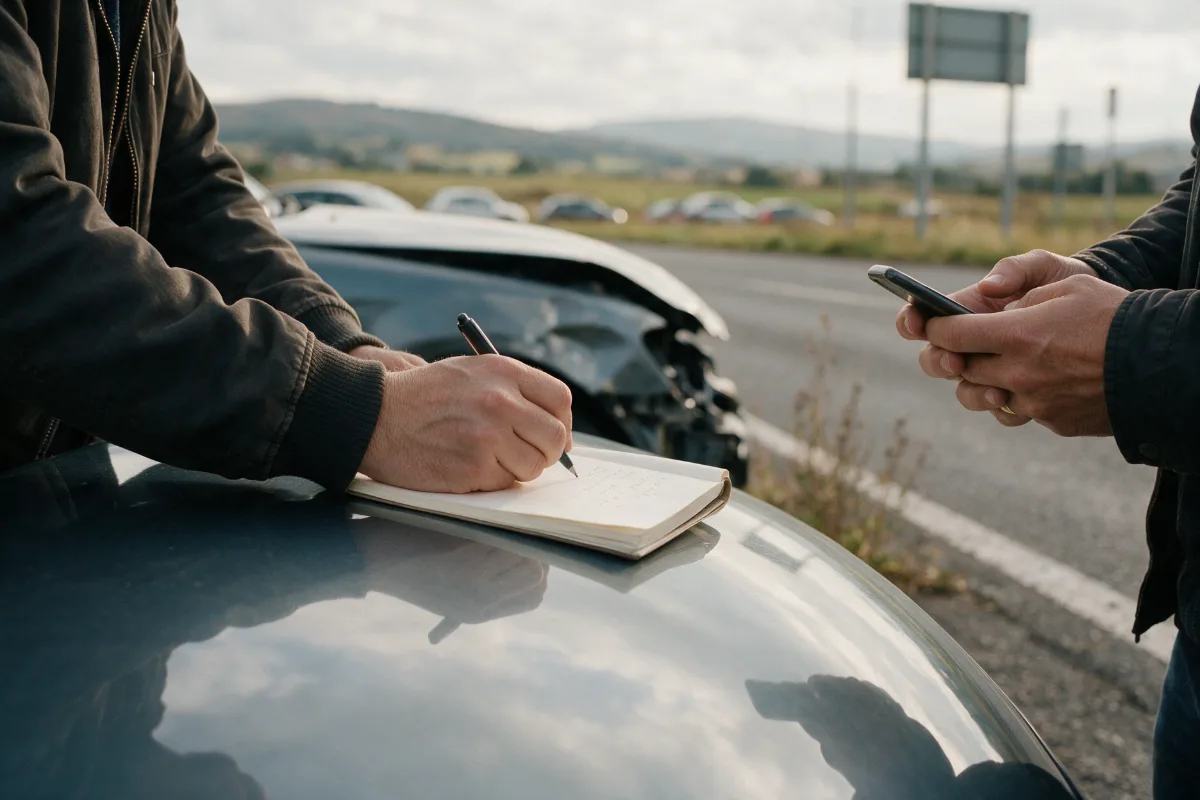 Driver writing down the other vehicle's registration and insurance details at the roadside