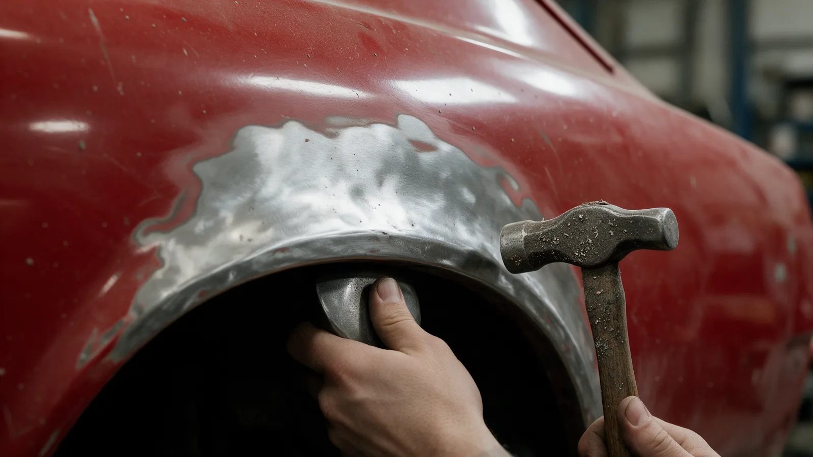 Panel beater working a dent out of a rear wing with a hammer and dolly