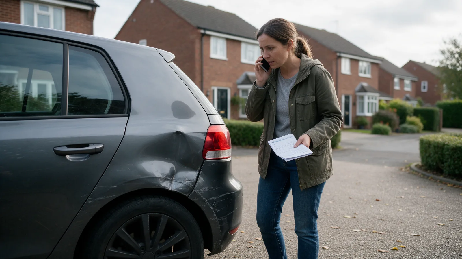 Driver on the phone to an insurer beside a car with accident damage to the front wing