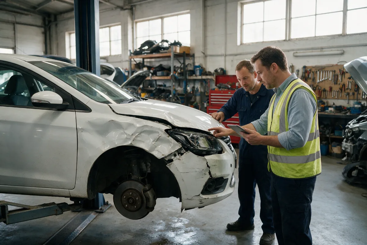 Insurance engineer examining a damaged car panel with a tablet in a repair workshop