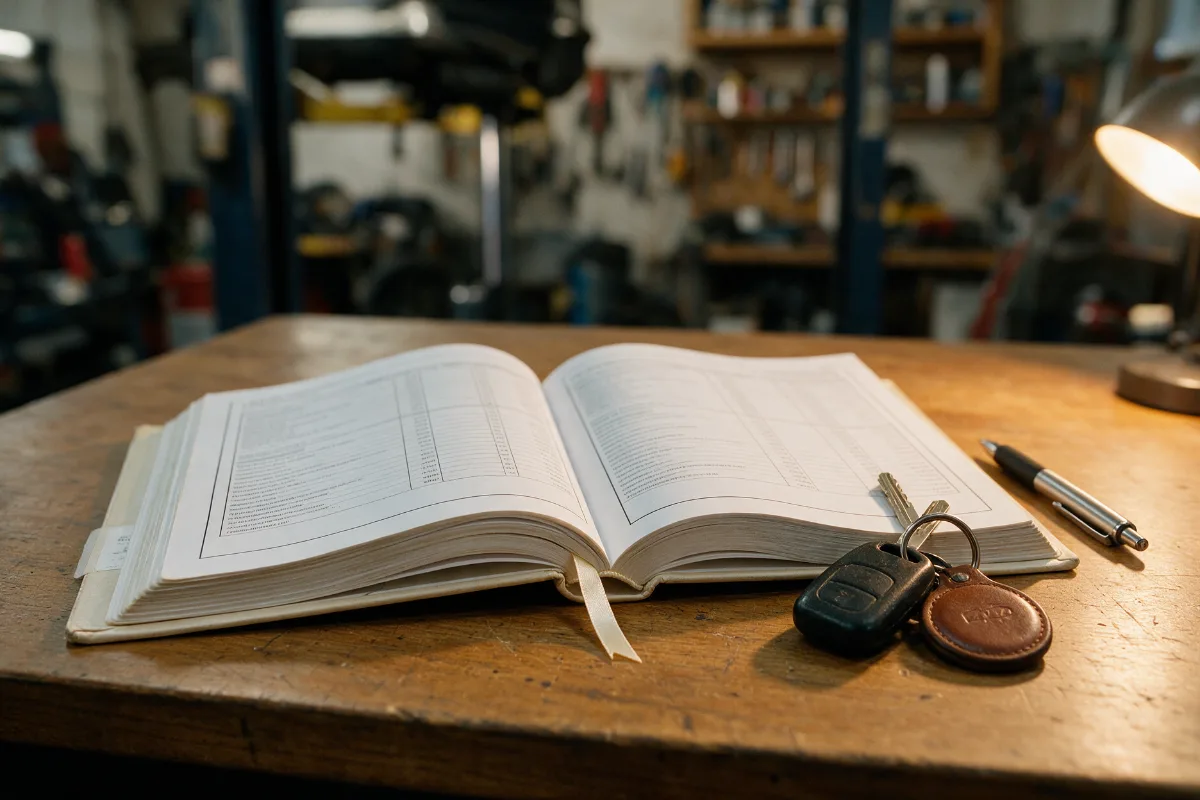 Insurance policy booklet open at the claims section on a workshop desk