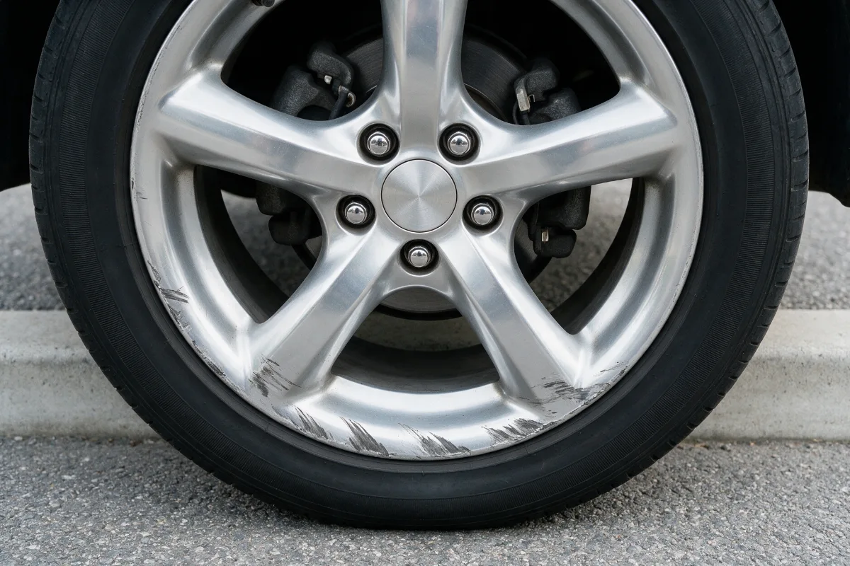 Close photograph of a kerbed alloy wheel rim taken square on