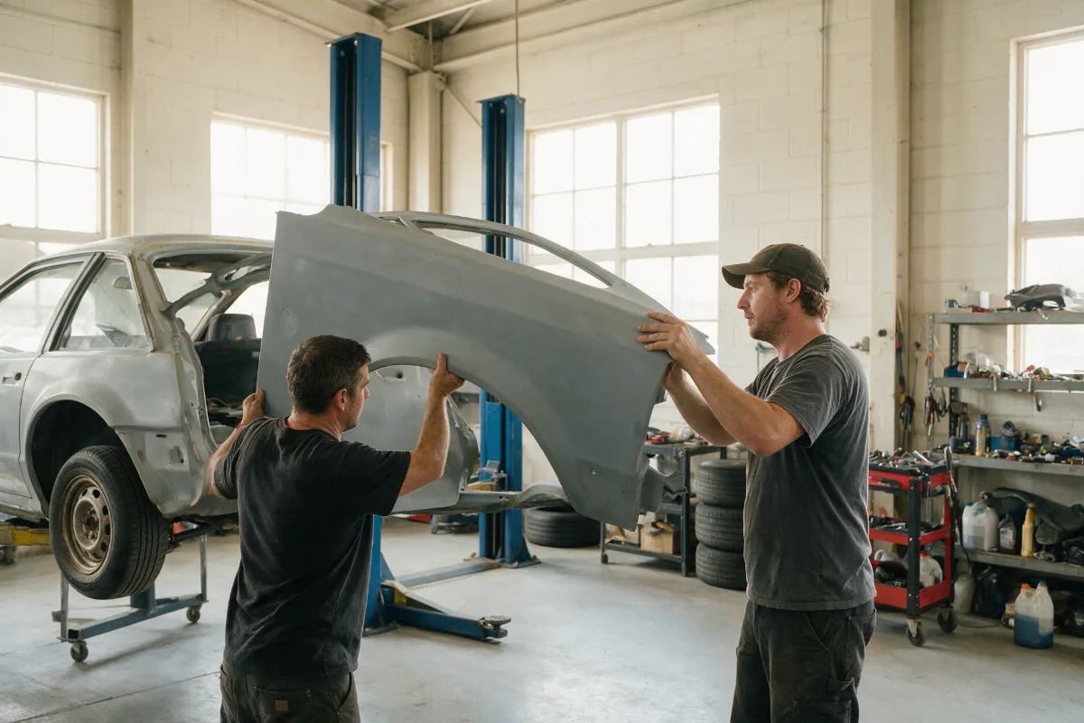 New replacement car wing being offered up to a car in the workshop