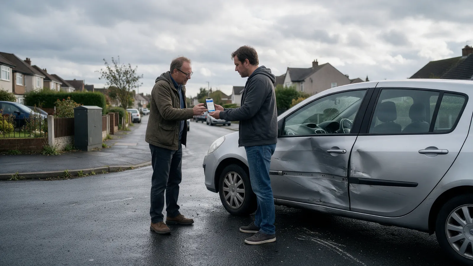 Driver holding the other vehicle's details beside a car with damage to the driver's side door