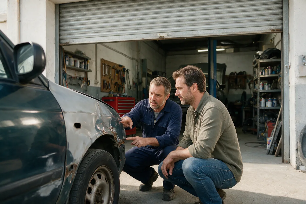 Body shop owner talking a customer through damage on their car