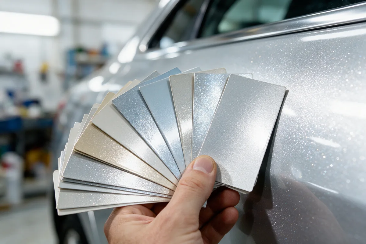 Paint colour match card held against a car panel under workshop lighting