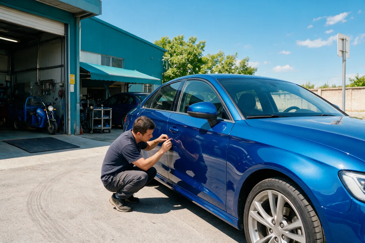 Technician checking panel gaps and paint finish on a repaired car in daylight