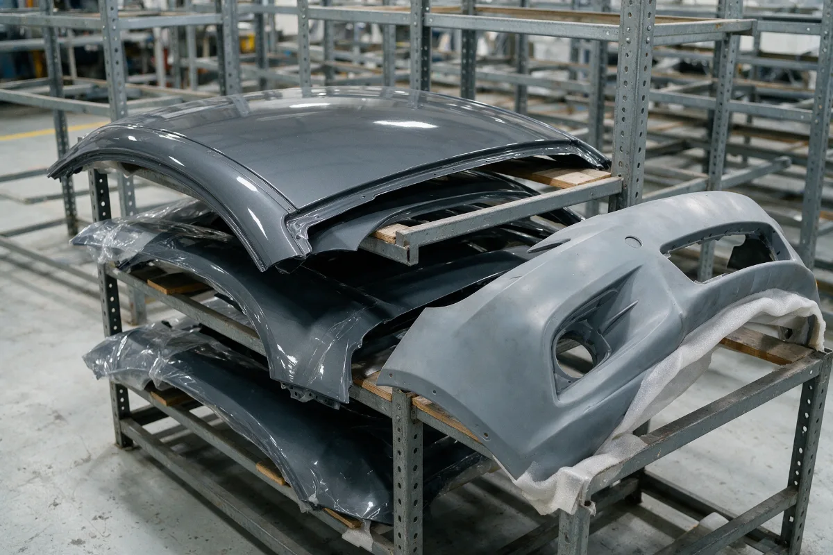 New car body panels and bumper stacked on a parts rack in a workshop