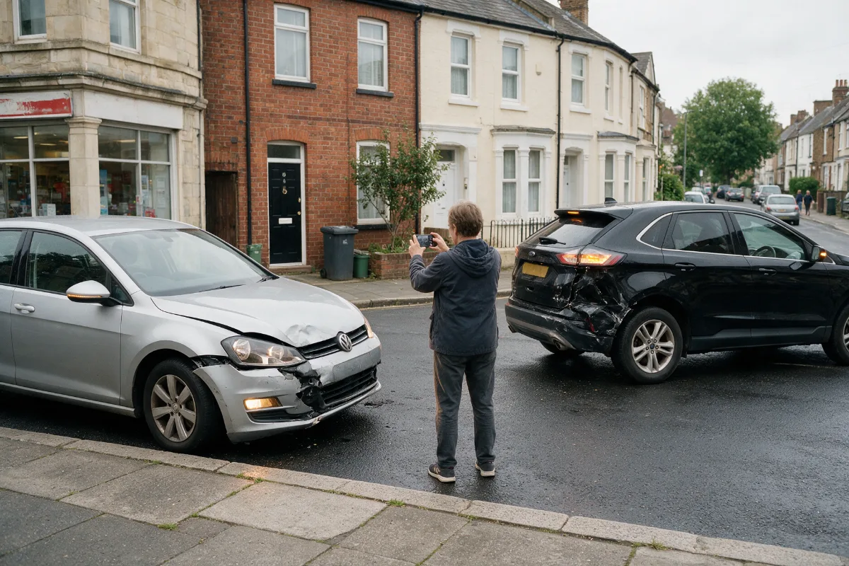 Driver photographing damage to both cars at the roadside after an accident
