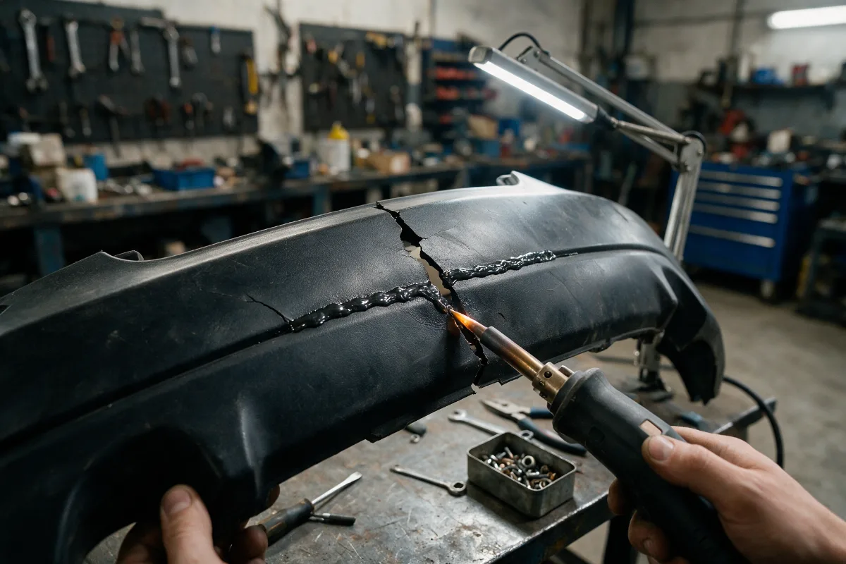 Cracked plastic bumper being repaired with a plastic welder