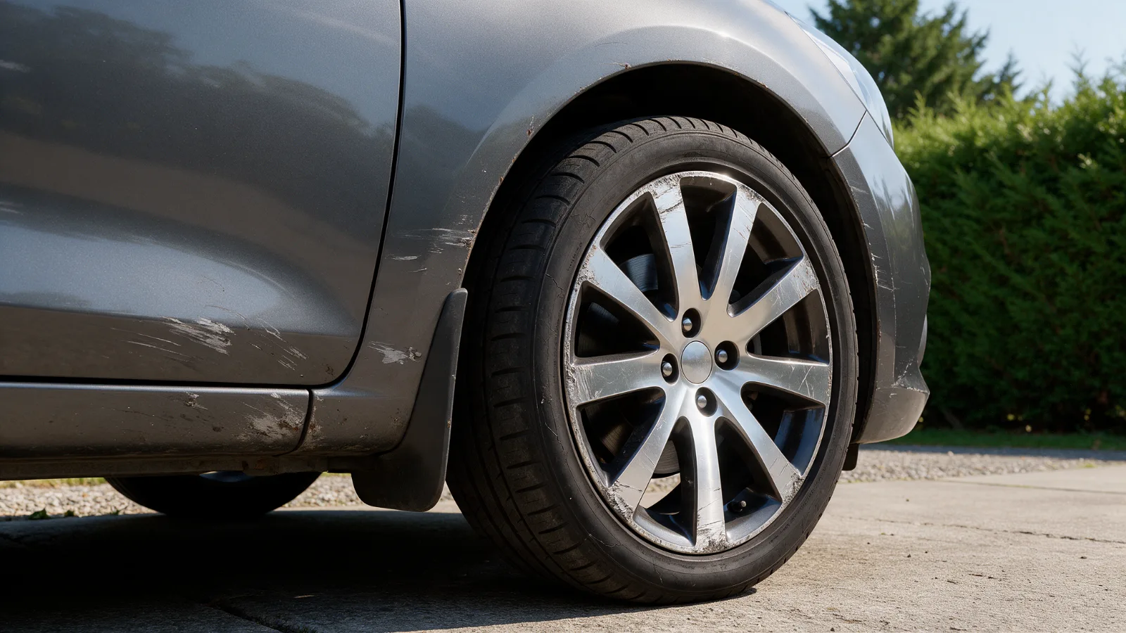 Scuffed car bumper corner and kerbed alloy wheel photographed in daylight before a repair quote