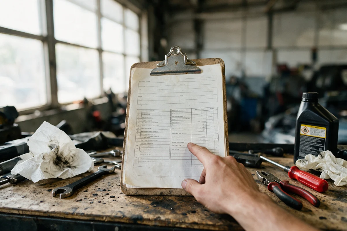 Itemised car repair quote showing parts, paint and labour listed separately on a workshop counter