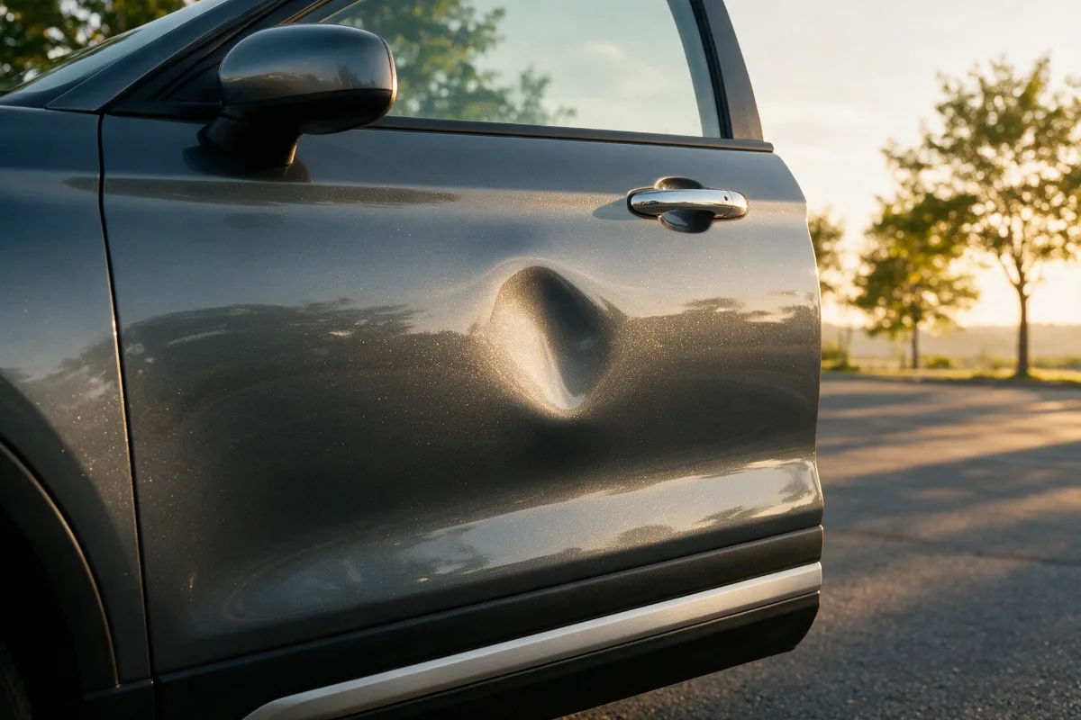 Phone photographing a car door dent at an angle with light raking across the panel