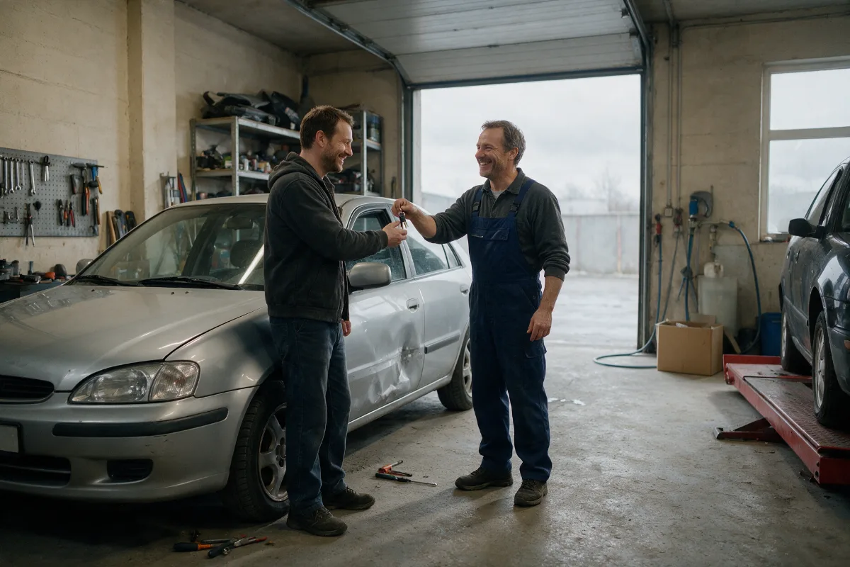 Repaired car being handed back to its owner at the workshop reception