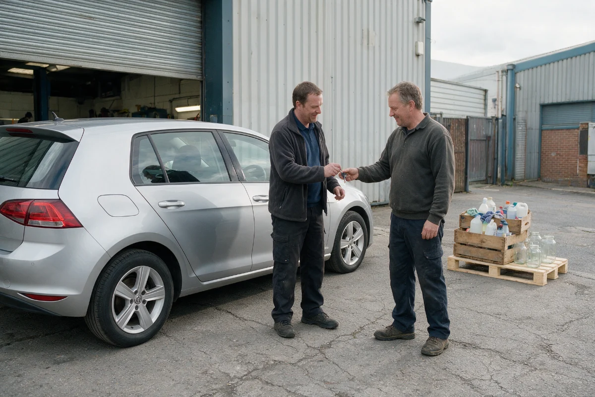 Replacement car keys being handed to a driver outside a repair workshop