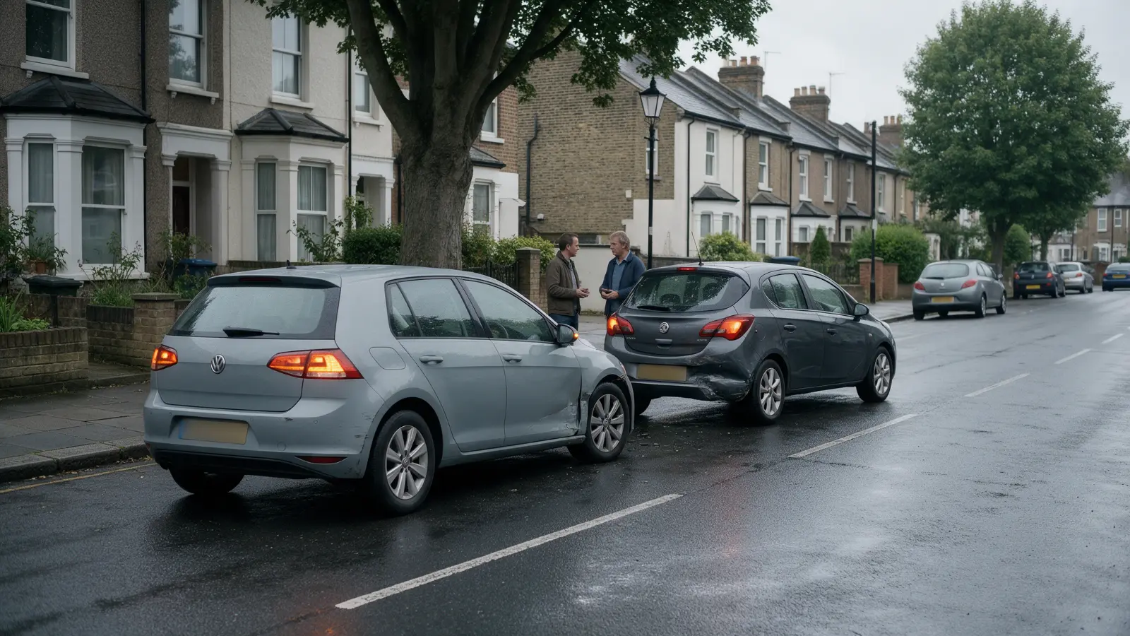 Two cars stopped at the roadside after a minor collision with hazard lights on