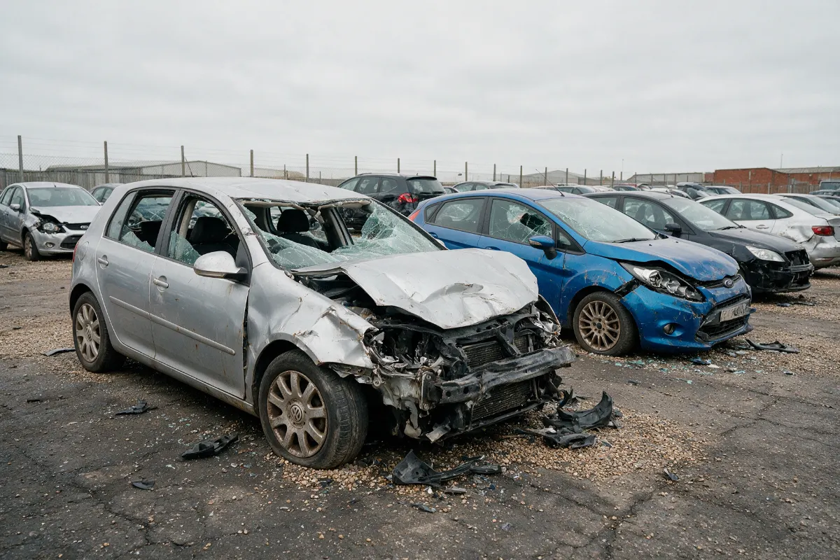 Row of damaged cars awaiting salvage assessment in a vehicle salvage yard