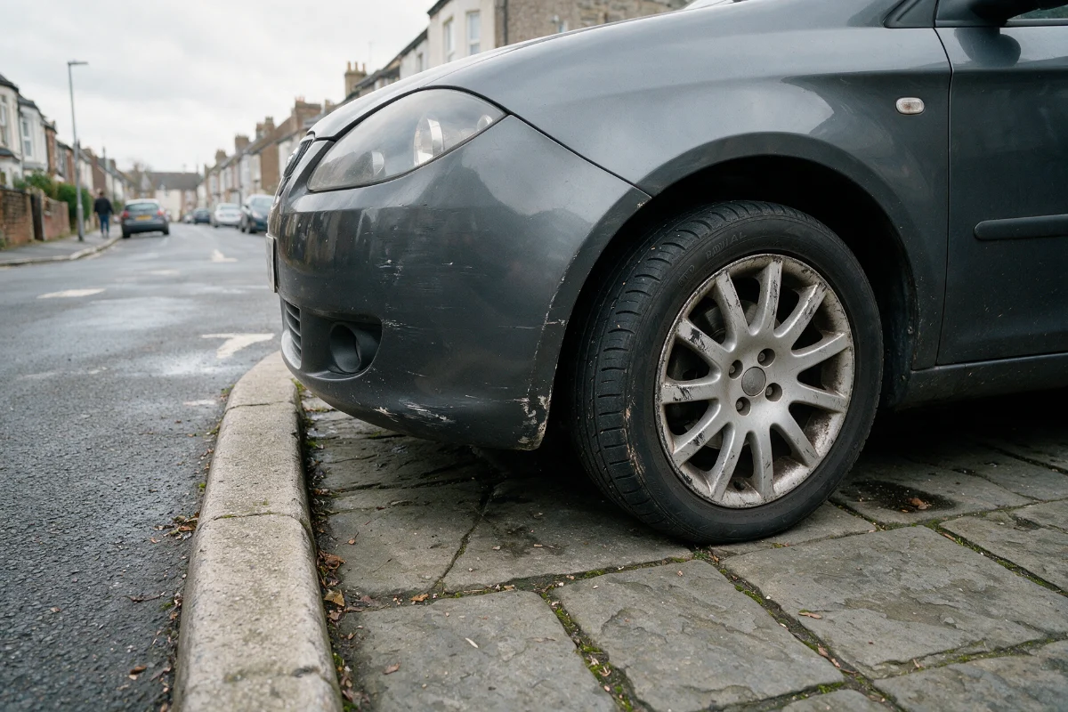 Scuffed front bumper corner and kerbed alloy wheel on a parked hatchback