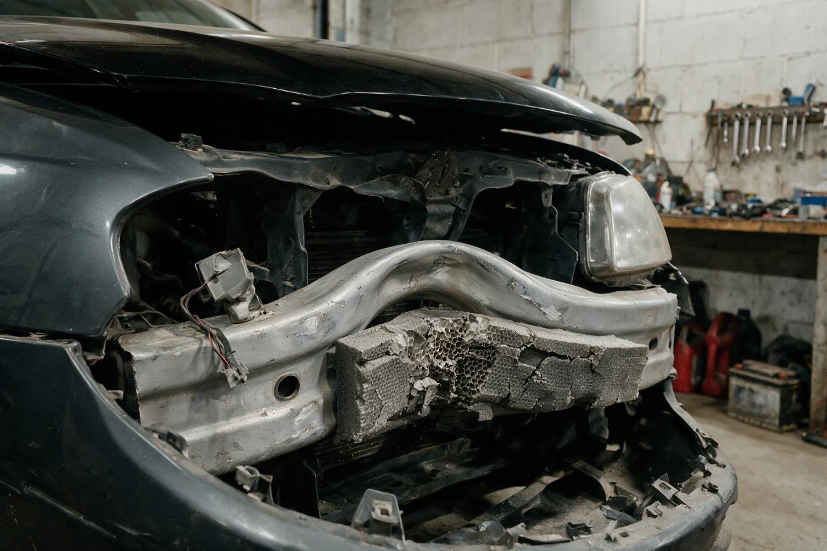 Front bumper removed from a car revealing a bent crash bar and broken sensor bracket