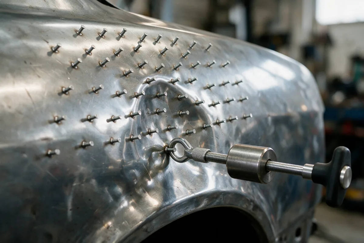 Stud welder pins attached to a dented car wing ready to be pulled out