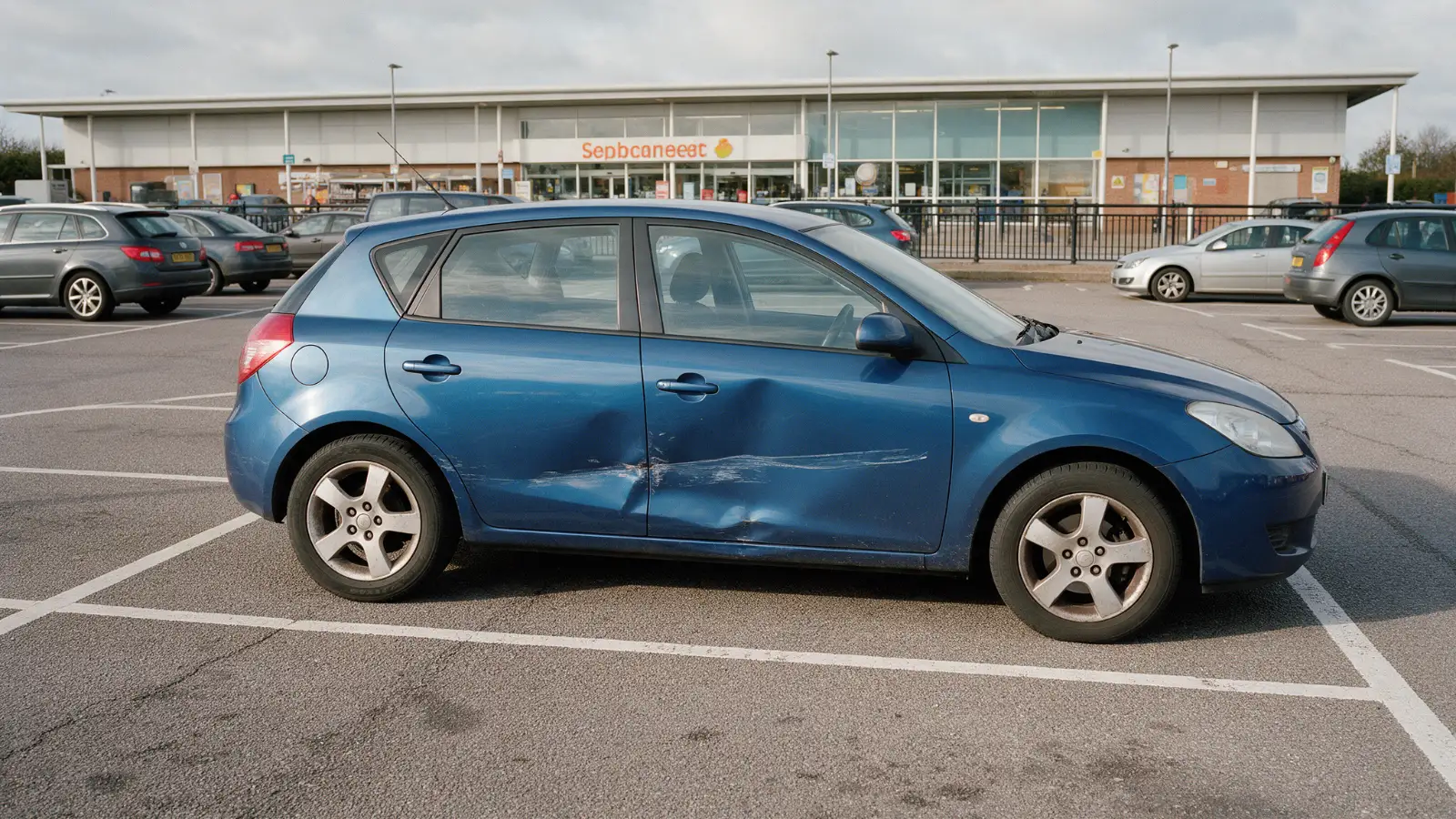 Dented car door in a supermarket car park with an empty bay alongside