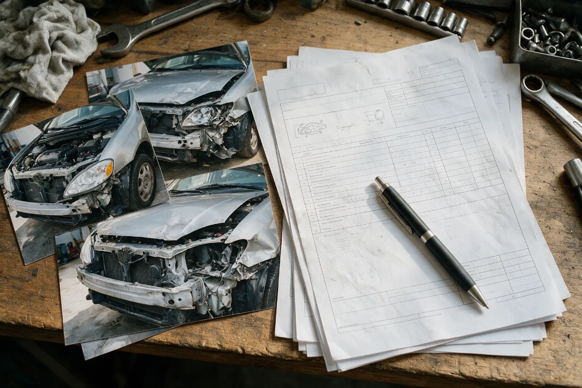 Supplementary repair estimate and photographs of stripped damage laid out on a desk