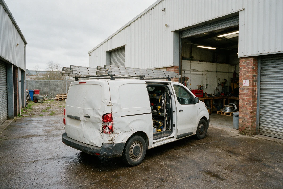 Damaged work van parked at a repair workshop with tools visible inside