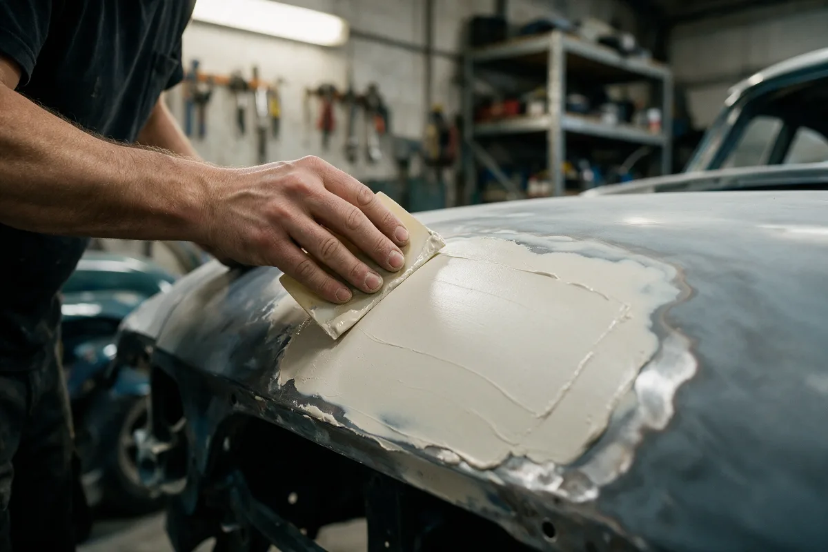 Thin skim of body filler being applied to a repaired car panel
