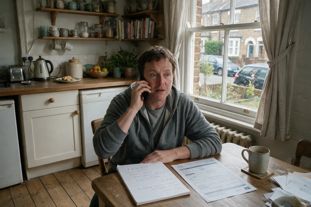 Driver on the phone to the other driver's insurer with accident notes and a registration number written down