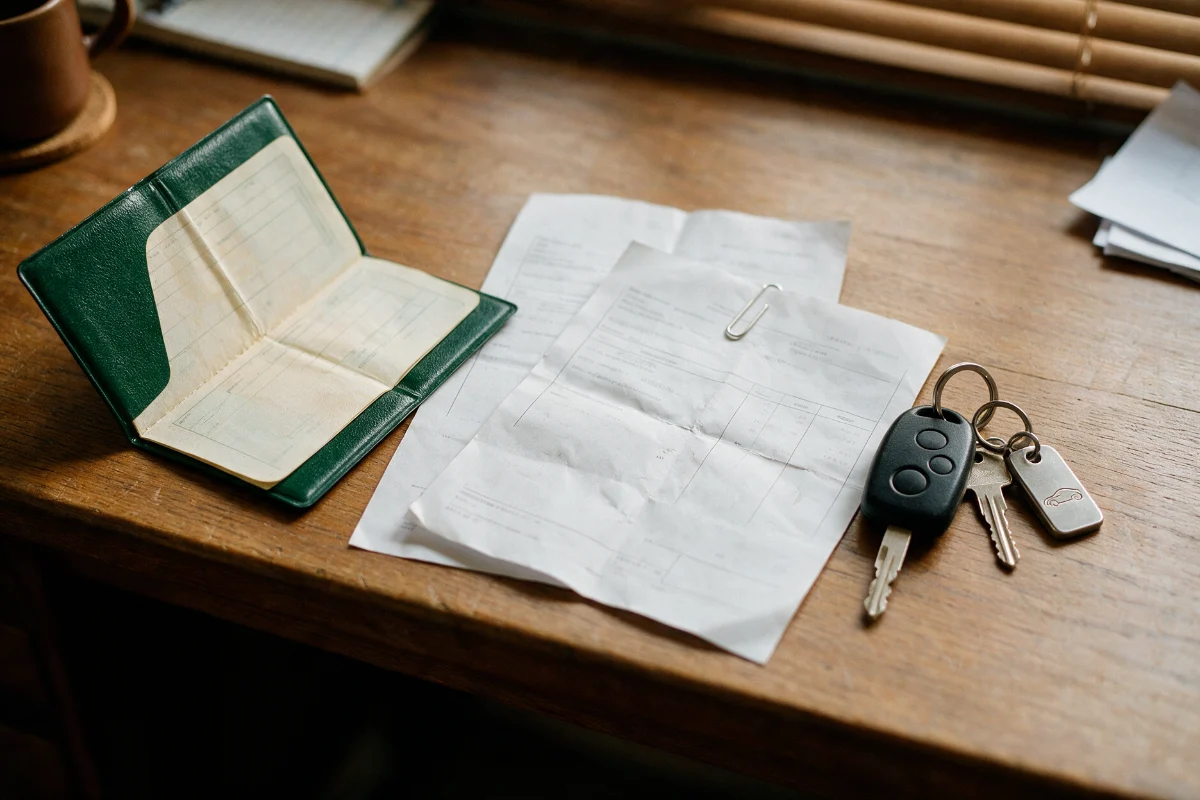 V5C vehicle registration document on a desk with repair paperwork